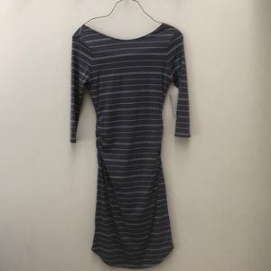 Athleta striped, form-fitting dress with ruching.